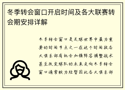 冬季转会窗口开启时间及各大联赛转会期安排详解