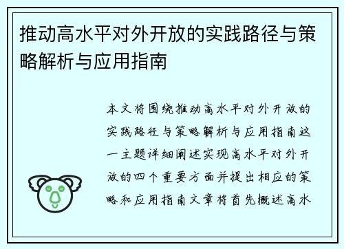 推动高水平对外开放的实践路径与策略解析与应用指南