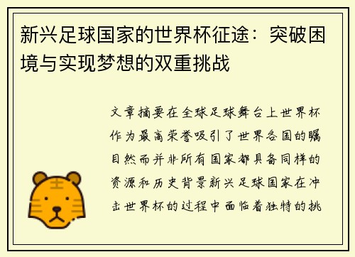 新兴足球国家的世界杯征途：突破困境与实现梦想的双重挑战